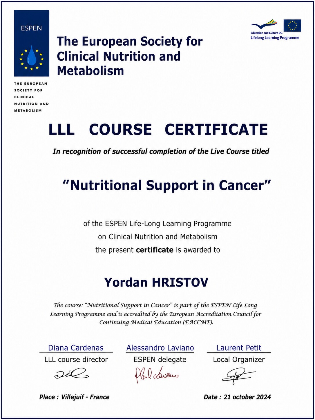 Сертификат ESPEN - Nutritional Support in Cancer