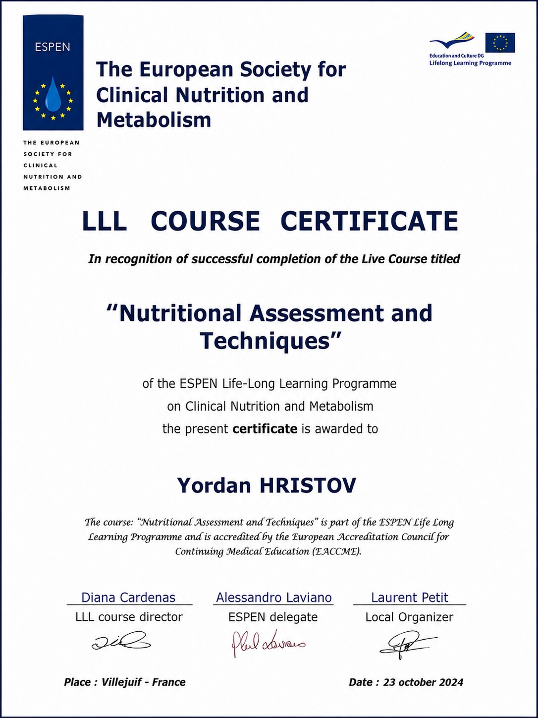 Сертификат ESPEN - Nutritional Assessment and Techniques
