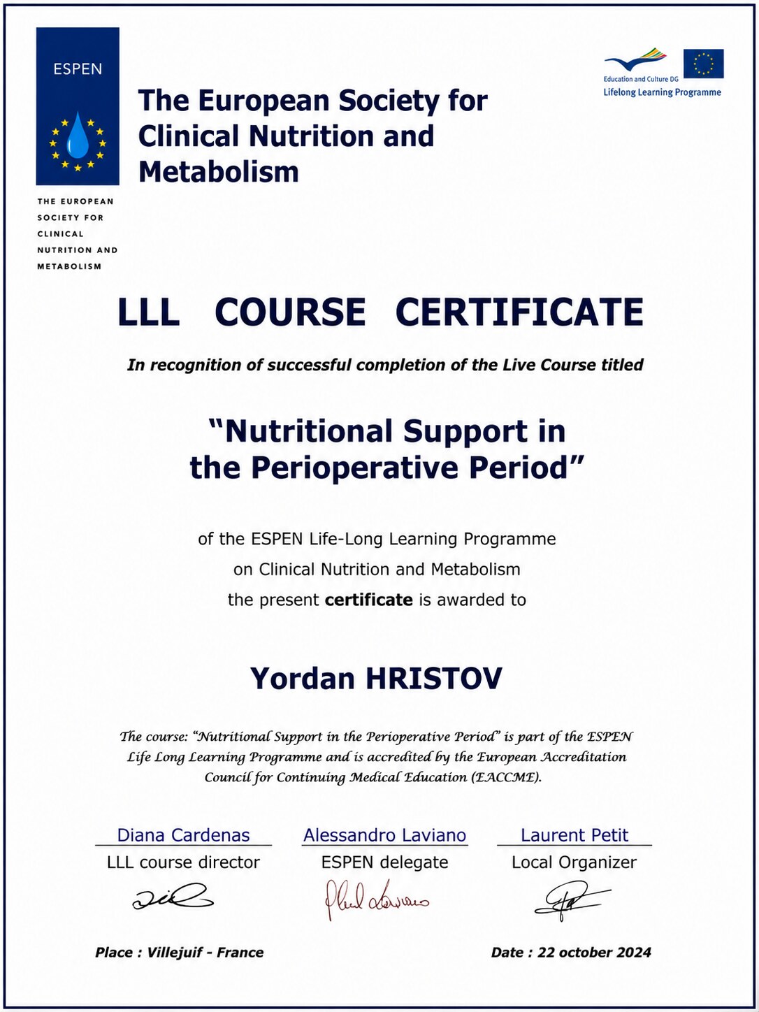 Сертификат ESPEN - Nutritional Support in the Perioperative Period